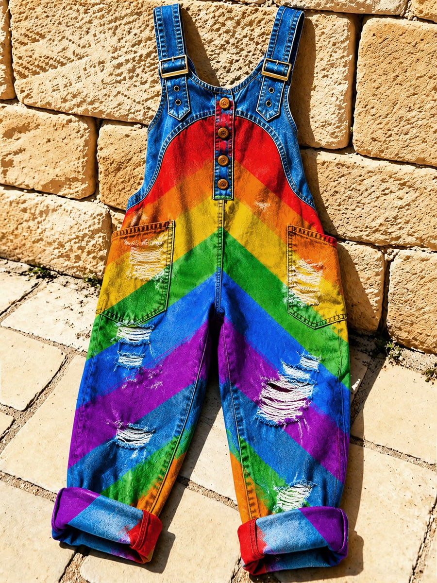 Women's Retro Pride Month Rainbow Art Print Washed Cotton Denim Patchwork Jumpsuit